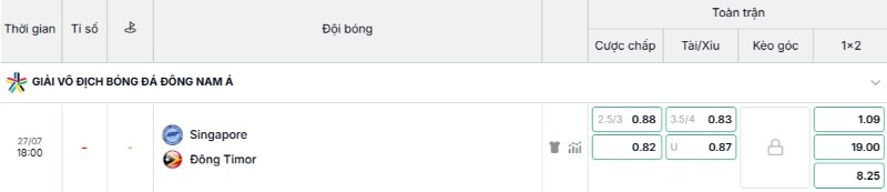 Bảng kèo trận Singapore vs Đông Timor